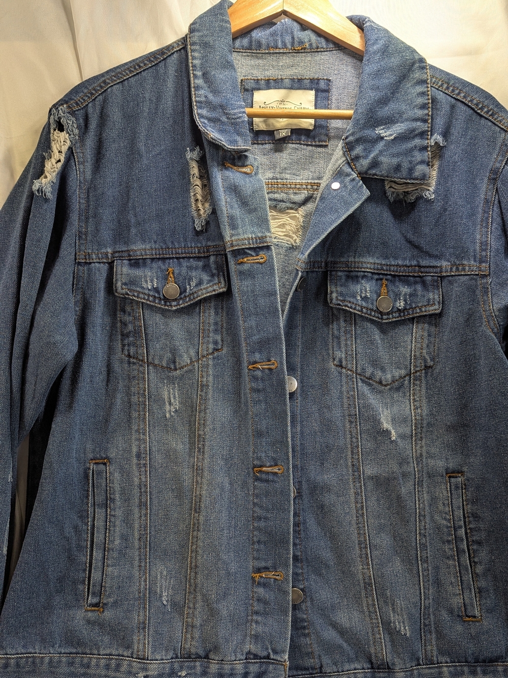 Women's Distressed Ashley Vintage Charm  Blue Jean Denim Jacket Plus Size 1X
